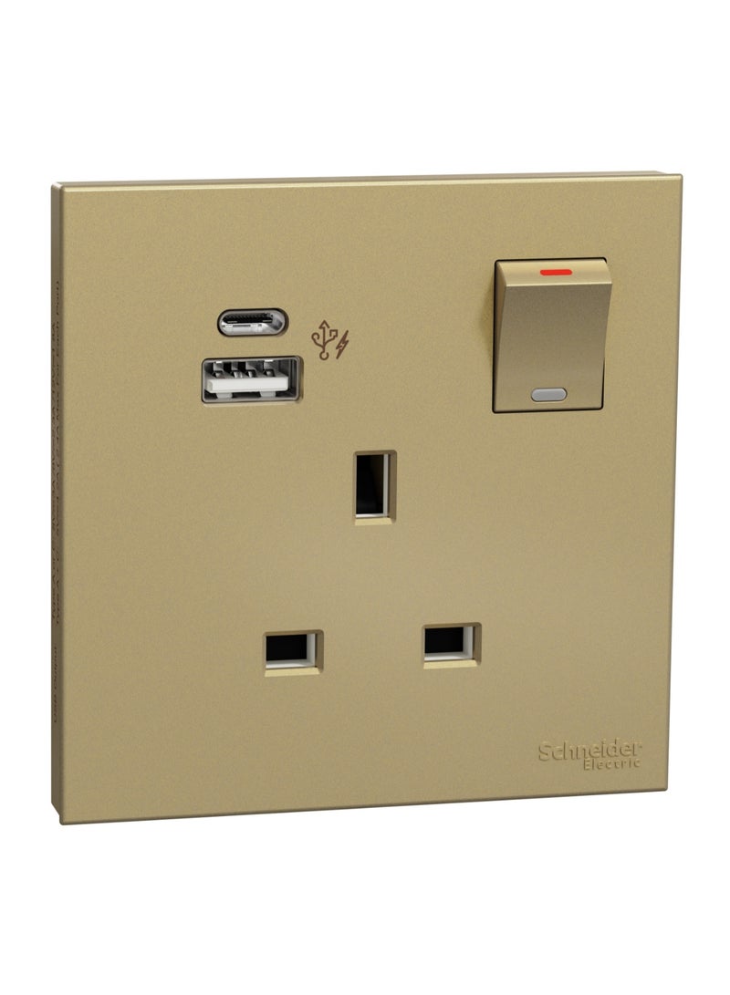 Schneider Electric AvatarOn 13A 1-Gang Switched Socket with 21W USB Type A & C Charger, Wine Gold - E8715DACUSB_WG - Image 1