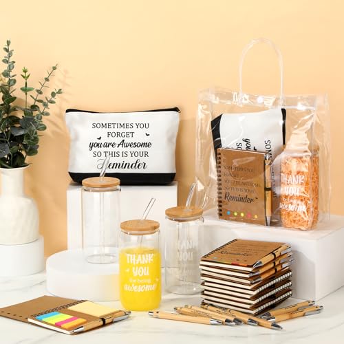 Yeyeplum 60 Pcs Teacher Appreciation Gifts Bulk Thank You Notebook Gift Bag Glass Cup Makeup Bag Bamboo Pen for Office Employee Volunteer Nurses Week Staff Students Graduation - Image 3