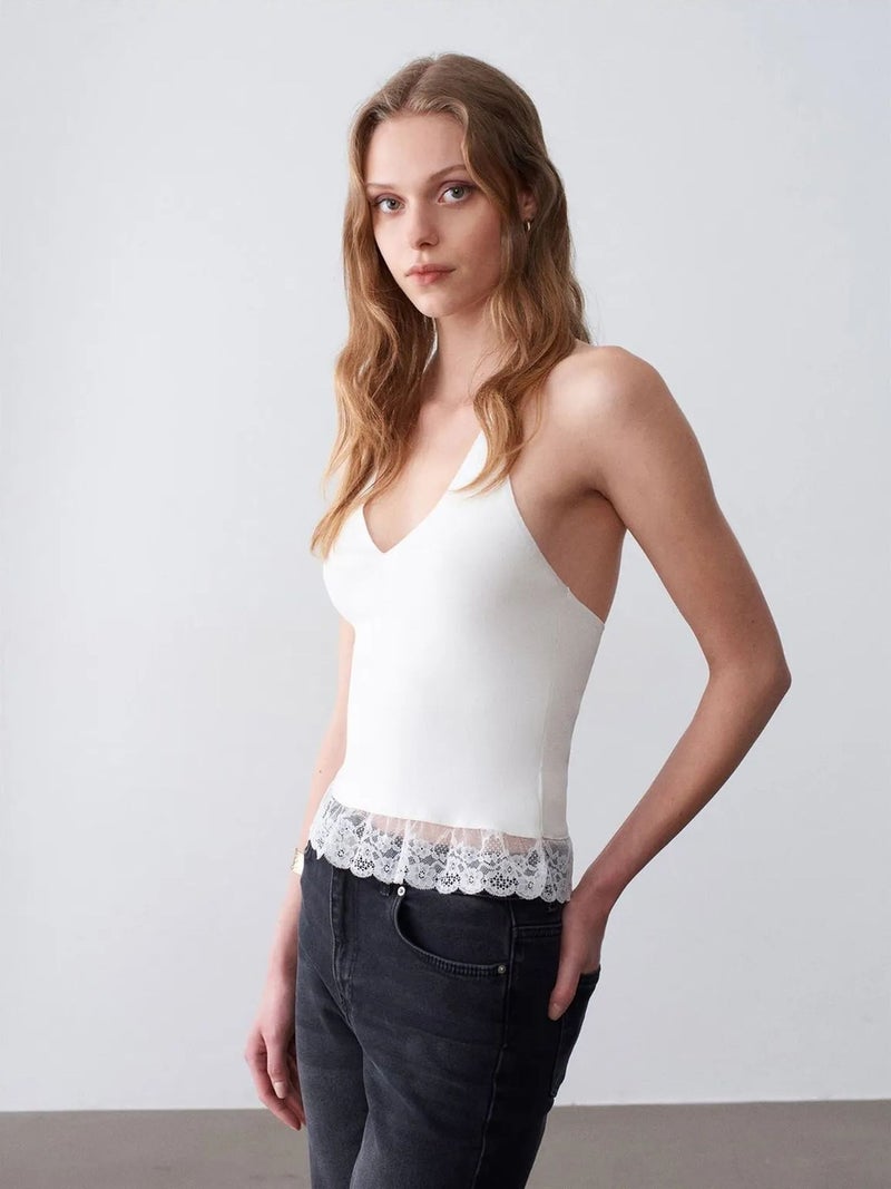 DILVIN Ribbed Lace Halterneck Blouse - Image 3