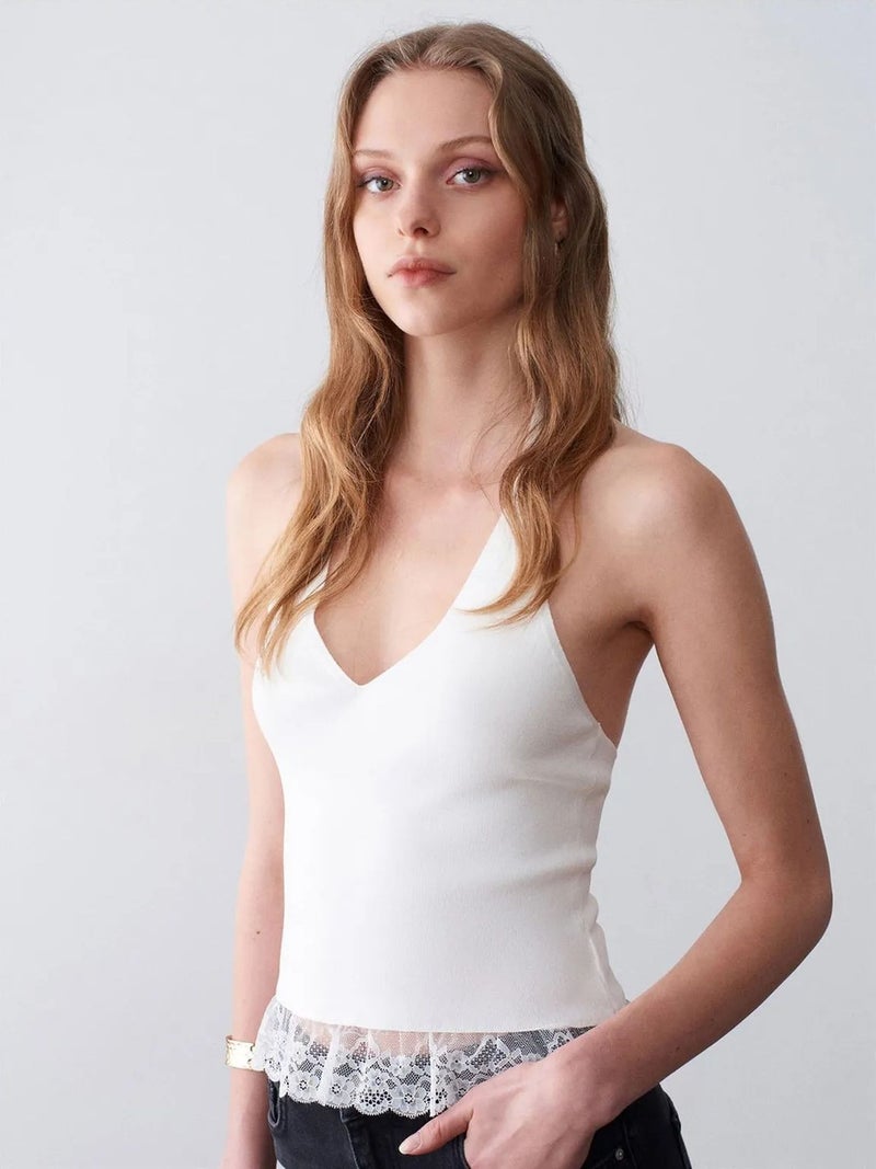 DILVIN Ribbed Lace Halterneck Blouse - Image 1