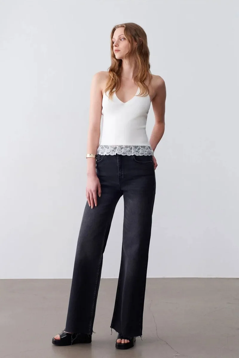 Dilvin White DILVIN Ribbed Lace Halterneck Blouse for Women | Best Price UAE