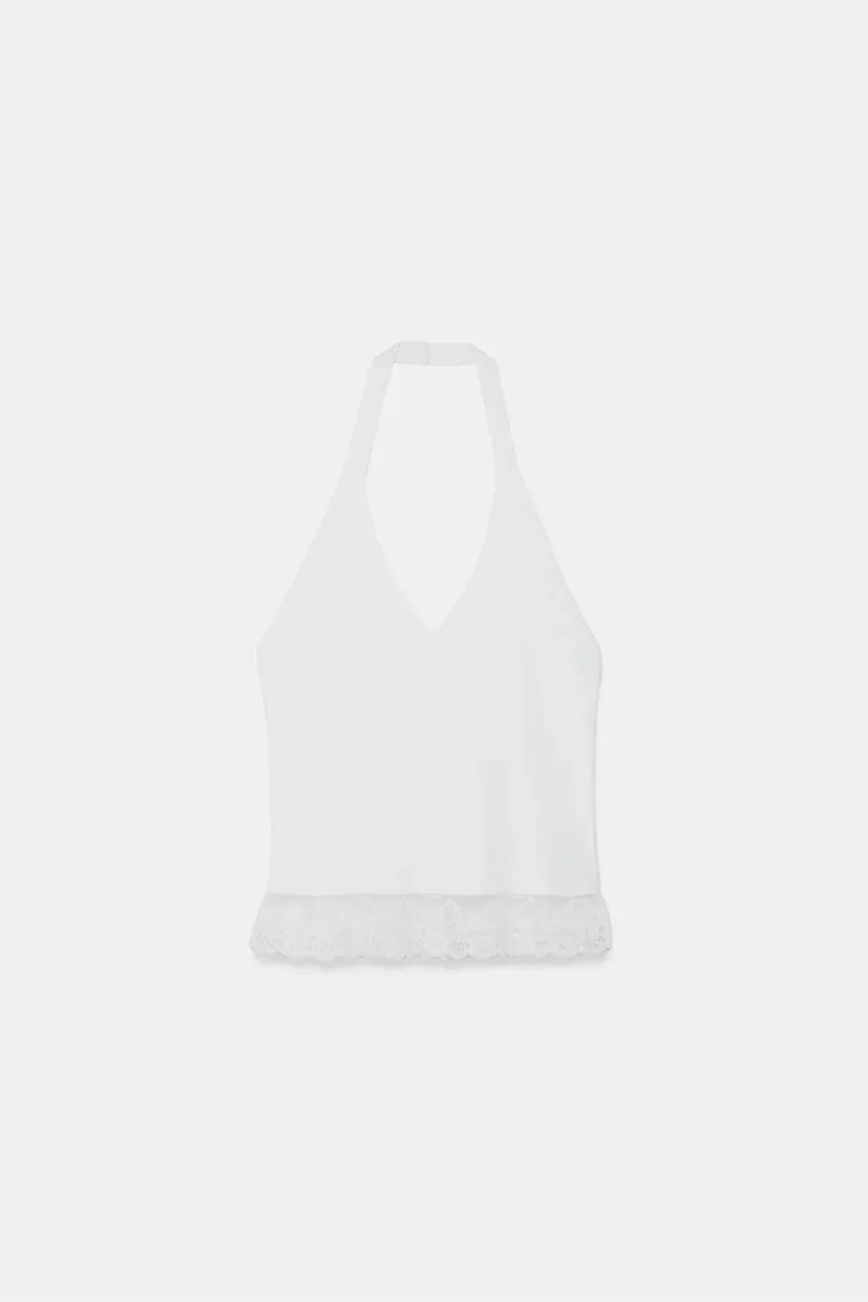 Dilvin White DILVIN Ribbed Lace Halterneck Blouse for Women | Best Price UAE