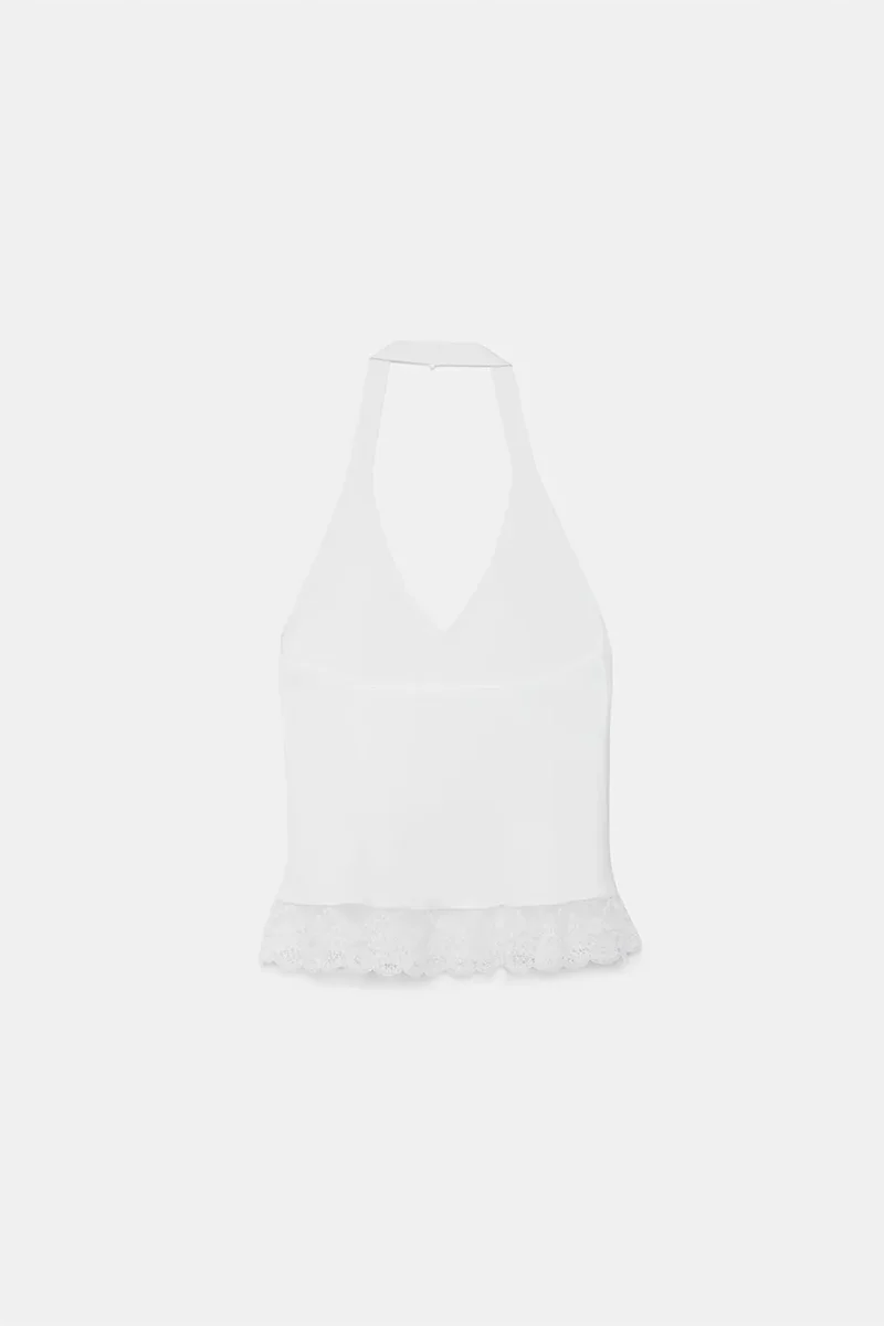Dilvin White DILVIN Ribbed Lace Halterneck Blouse for Women | Best Price UAE