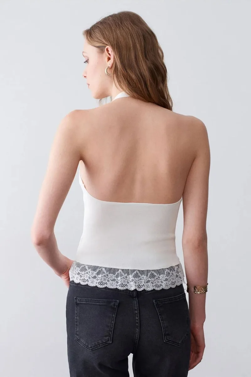 Dilvin White DILVIN Ribbed Lace Halterneck Blouse for Women | Best Price UAE