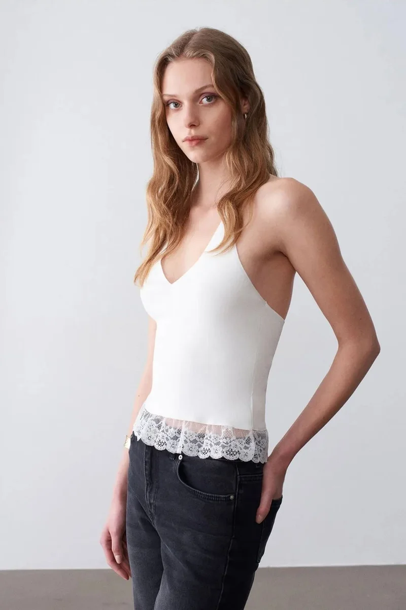 Dilvin White DILVIN Ribbed Lace Halterneck Blouse for Women | Best Price UAE