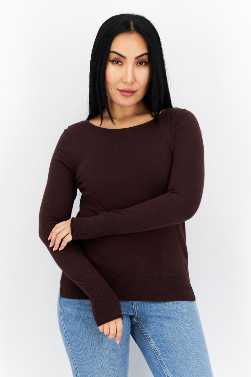 COMMA Women Bateau Neck Long Sleeve Solid Top, Brown - Image 1