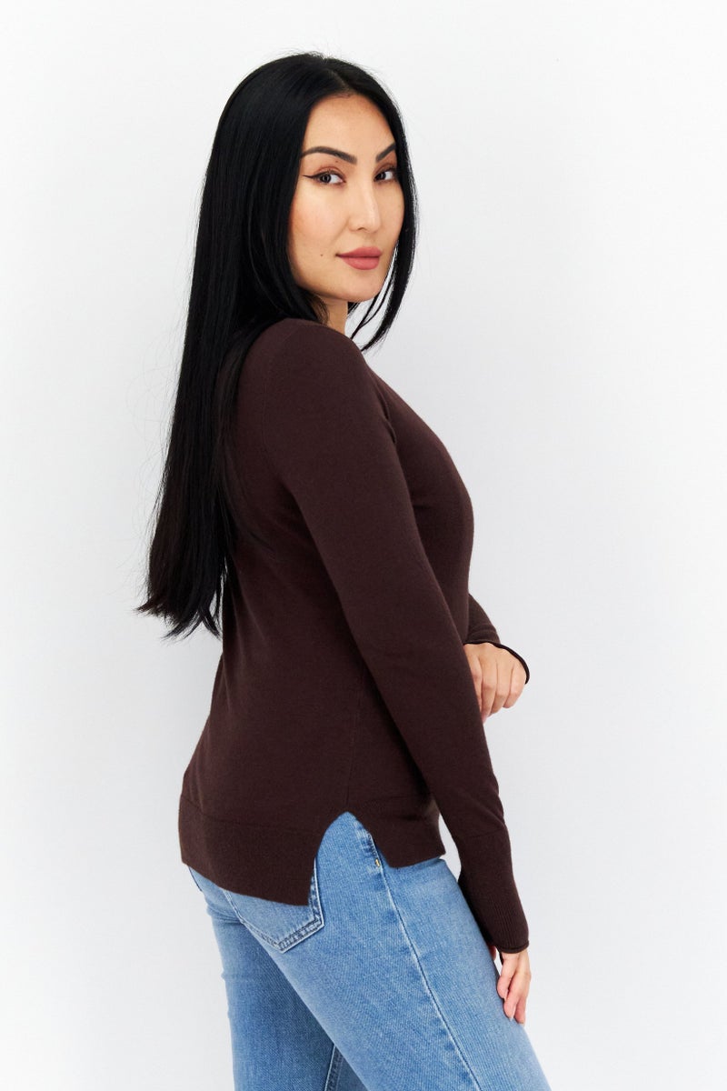 COMMA Women Bateau Neck Long Sleeve Solid Top, Brown - Image 3