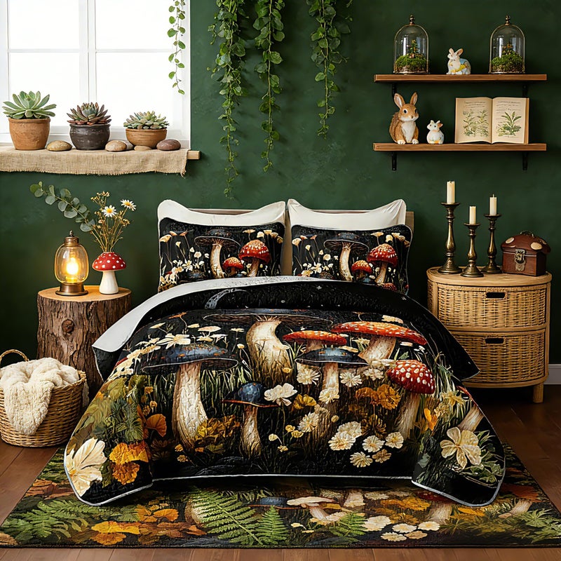 HOSIMA Mushroom King Quilt Bedding Set,Different Colorful Patterns Lightweight Quilt,Natural Flowers Print Mushroom Bedding Set for Aesthetic Bedroom Decor with 2 Pillowcases. - Image 1
