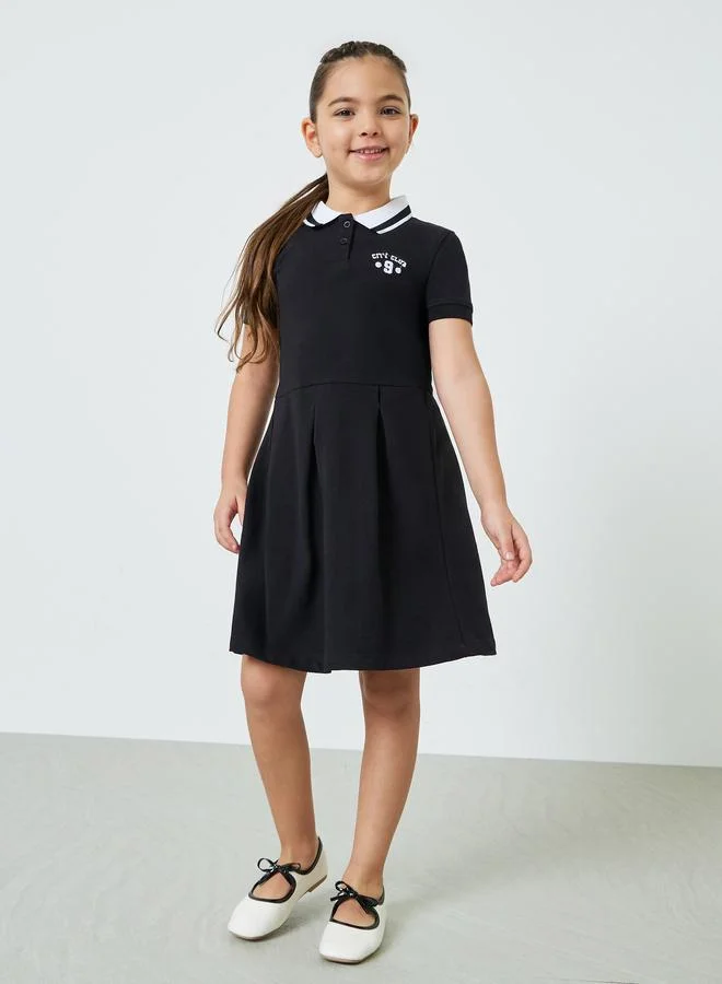 ستايلي Girls Black Polo Dress with Minimal Embroidery