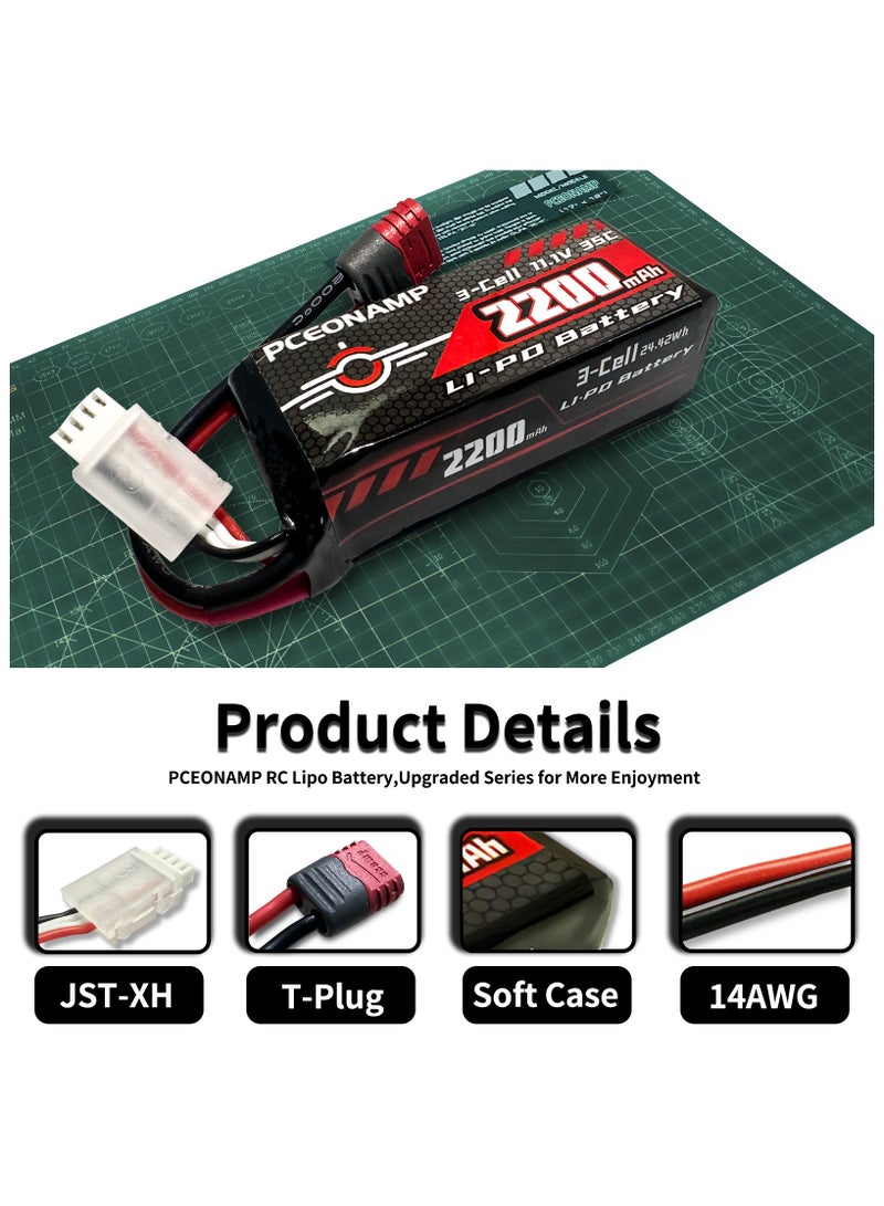 PCEONAMP 3S Lipo Battery 2200mAh 11.1V 35C with T Plug Rechargeable High Capacity RC Battery Soft Case Fit for RC Airplane Helicopter Quadcopter RC Car Truck Boat - Image 3