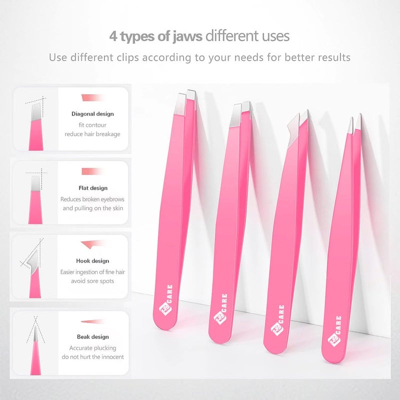 YSCARE Tweezers 5 Piece Nail Scissors Stainless Steel Slanted and Pointed Tip Hairs Tweezer Set Eyebrows Plucking Eyelash Extension Beauty Ingrown Hair Remover Tool for Women and Men (Pink) - Image 2
