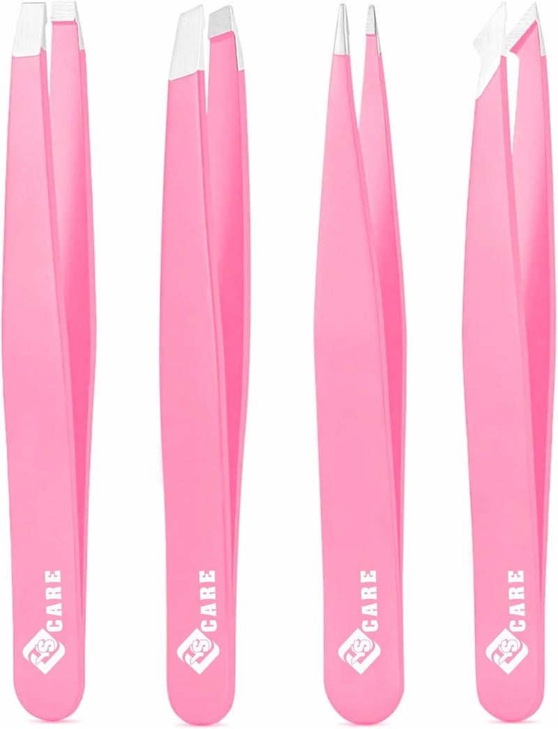 YSCARE Tweezers 5 Piece Nail Scissors Stainless Steel Slanted and Pointed Tip Hairs Tweezer Set Eyebrows Plucking Eyelash Extension Beauty Ingrown Hair Remover Tool for Women and Men (Pink) - Image 1