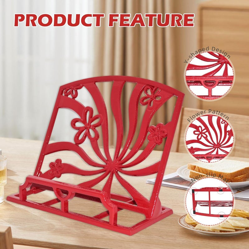 Minluful Elegant Cookbook Stand Cast Iron, Kitchen Decorative Metal Recipe Book Holder for Bible, Prayer Book Stand, Magazine, Textbooks, Vintage Cookbook Stand for Kitchen Counter, Red - Image 3