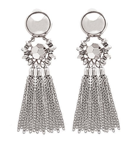 MOLOCH Bohemian Tassel Chandelier Dangle Earring For Women Clip On Earrings Long Drop Statement Earrings (silver) - Image 1