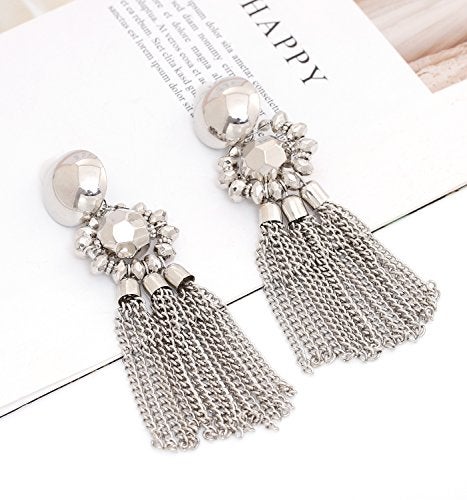 MOLOCH Bohemian Tassel Chandelier Dangle Earring For Women Clip On Earrings Long Drop Statement Earrings (silver) - Image 3