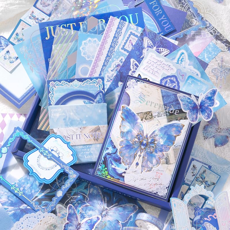 WEMOL Vintage Journal Scrapbook Pack Kit for Art Journaling Bullet, Planners DIY Paper Stickers, Craft Kits Notebook, Collage Album Aesthetic Sticker (Blue Butterfly) - Image 3