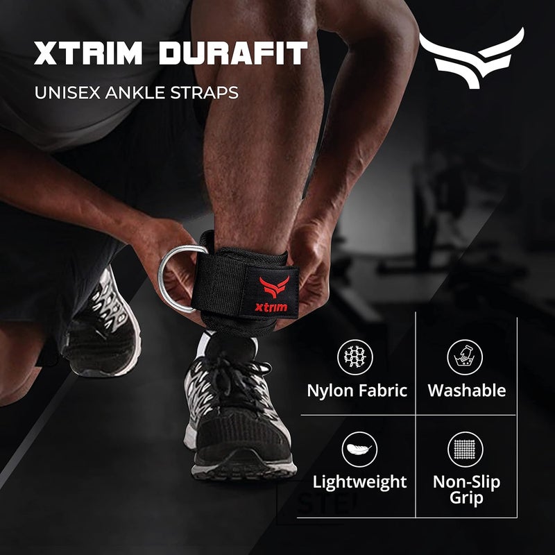 XTRIM Durafit Unisex Stylish Ankle Straps with Metal D-Rings for Cable Machine, Kickbacks and Glutes Workouts, Adjustable Ankle Straps, Curls & Hip Abductors with Padded Neoprene Support (Red) - Image 2