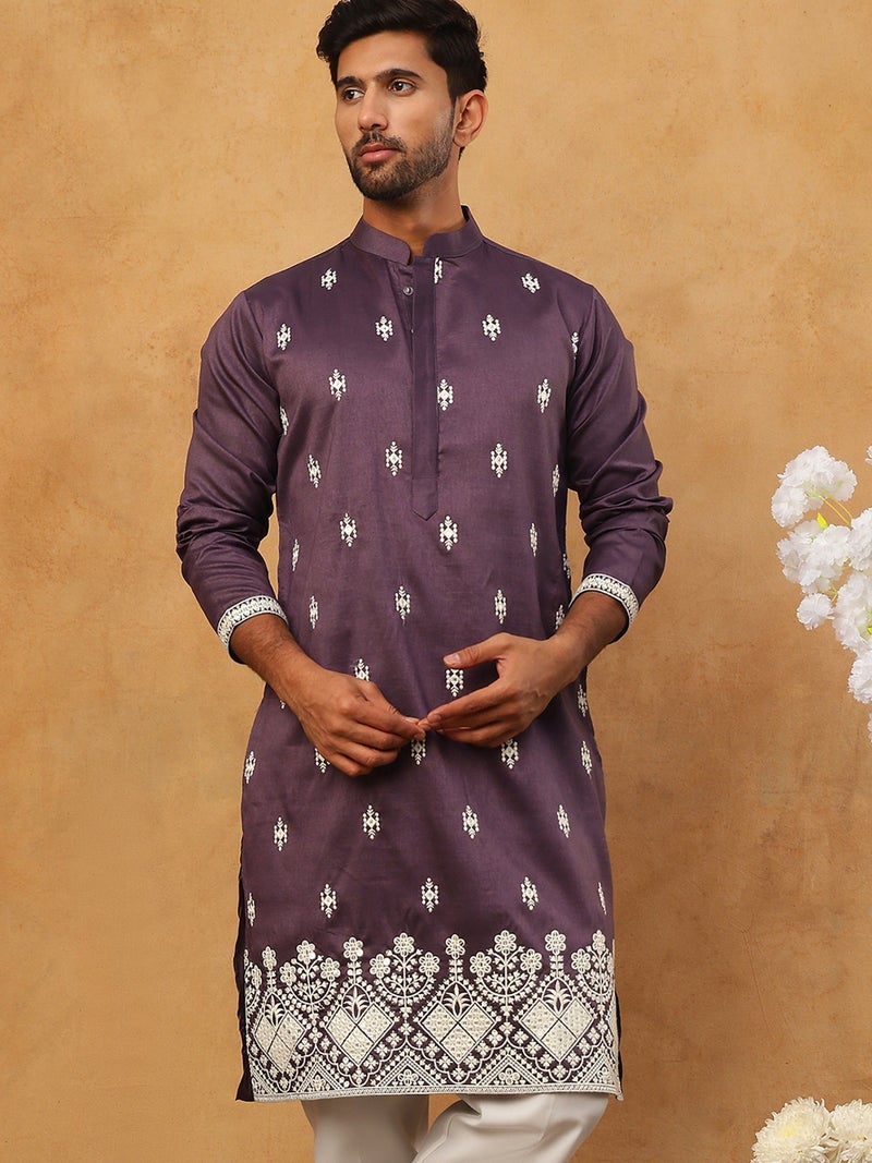 NOZ2TOZ Purple Silk Blend Embroidered Kurta for Men - Image 1