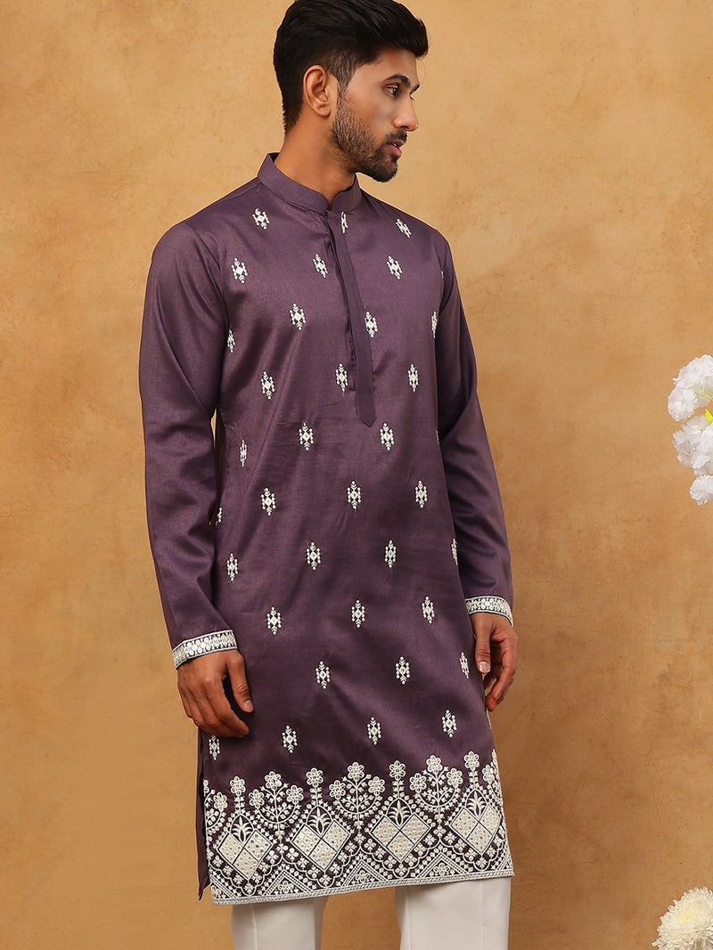 NOZ2TOZ Purple Silk Blend Embroidered Kurta for Men - Image 4