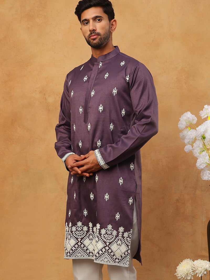 NOZ2TOZ Purple Silk Blend Embroidered Kurta for Men - Image 3