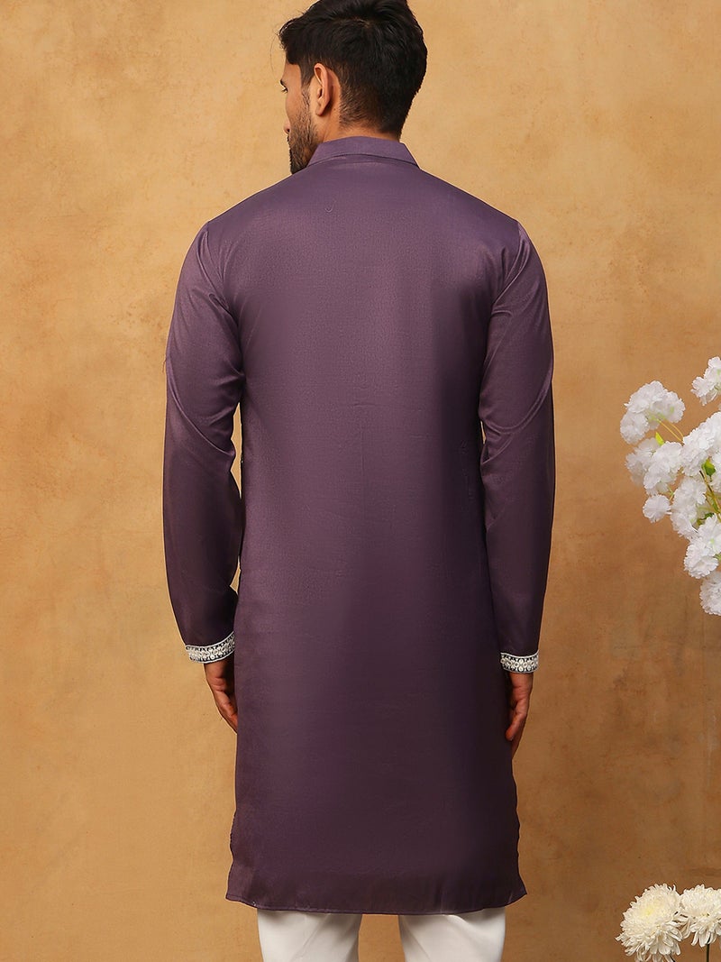 NOZ2TOZ Purple Silk Blend Embroidered Kurta for Men - Image 2