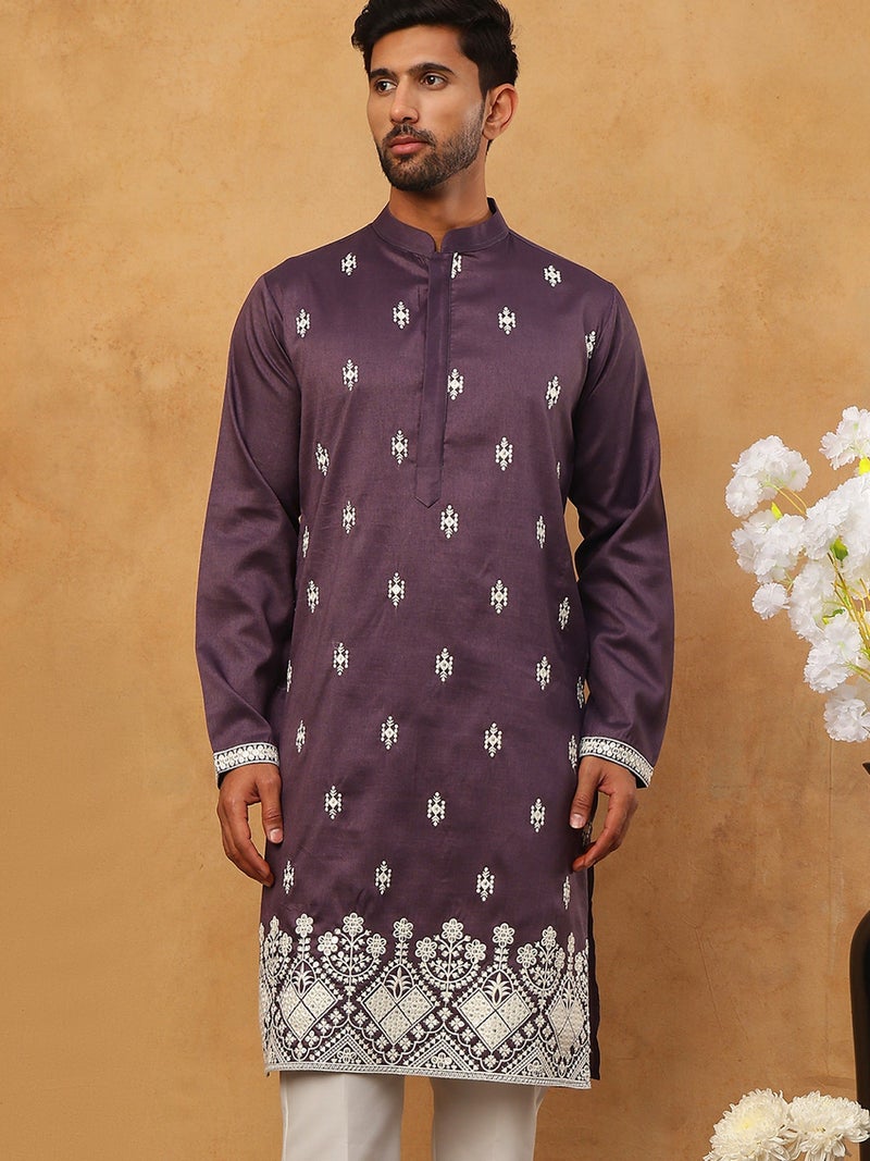 NOZ2TOZ Purple Silk Blend Embroidered Kurta for Men - Image 5