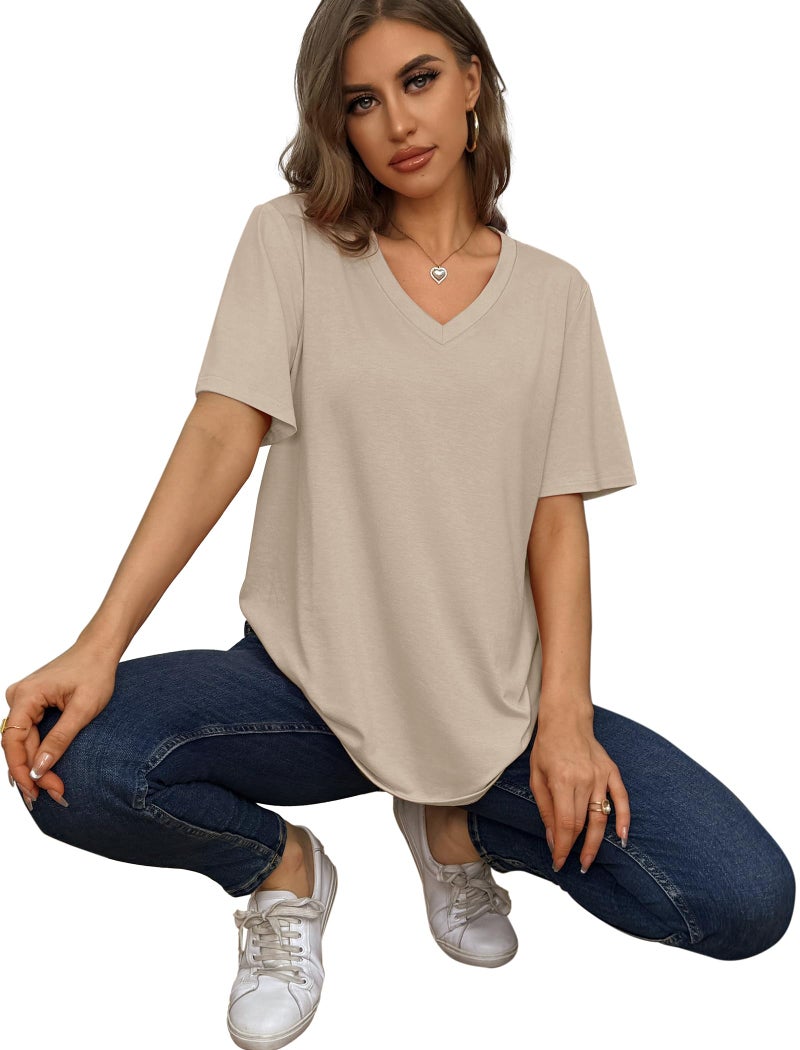 Aokosor V Neck T Shirts for Women Loose Fit Short Sleeve Casual Summer Tops Apricot XL - Image 4