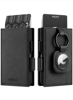 VULKIT Card Holder Wallet with Airtag Holder & ID Window Pop Up Slim Leather Wallet RFID Blocking Magnetic Closure for Credit Cards and Cash Black  - Image 1