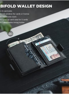 VULKIT Card Holder Wallet with Airtag Holder & ID Window Pop Up Slim Leather Wallet RFID Blocking Magnetic Closure for Credit Cards and Cash Black  - Image 4