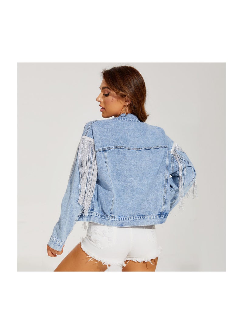 Loquat Squality Leisure Tassels Denim Short Jacket Women  - Image 2