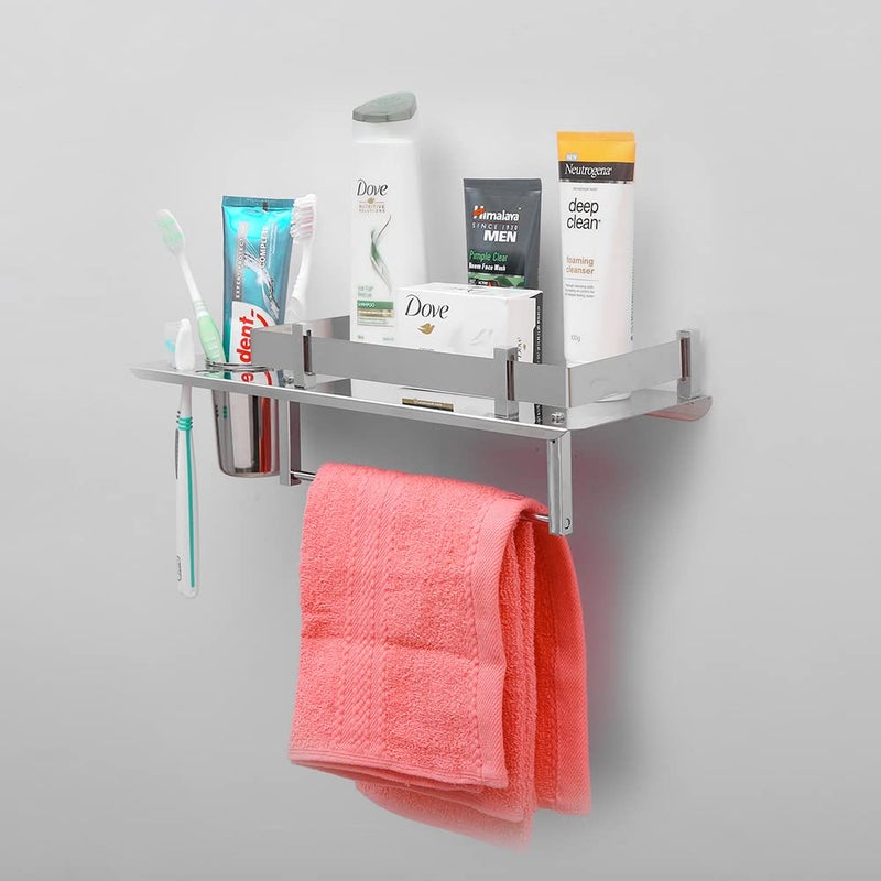 SAMANEA TH-3 Premium SS Tumbler Holder 3 in 1 Multipurpose Shelf | Rack | Towel Hanger | Bathroom Accessories (15 x 5 Inches, Chrome, SS202) - Image 2