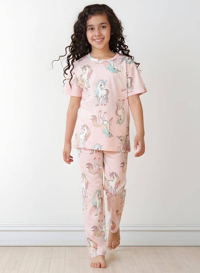 Anthrilo Girls Unicorn Print Cotton T-Shirt and Pants Set - Image 1