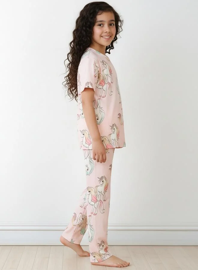 انثريلو مجموعة من بنطال وتيشيرت قطن بطبعة وحيد القرن