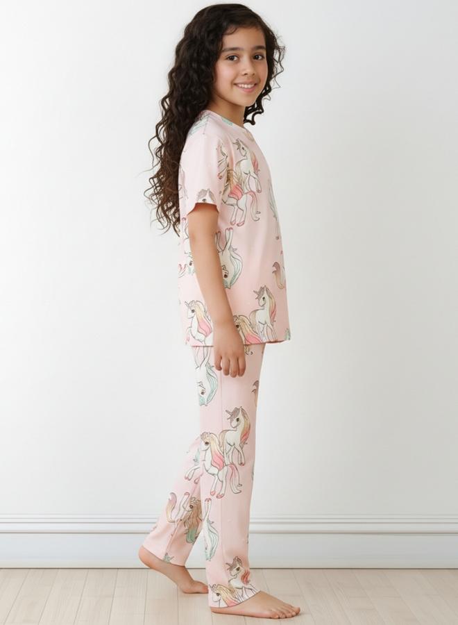 Anthrilo Girls Unicorn Print Cotton T-Shirt and Pants Set - Image 2