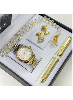 A stainless steel men's set consisting of a watch, a rosary, a pen and cufflinks