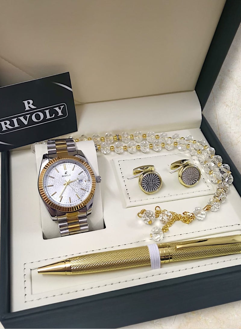 ريفولي طقم رجالي من الستانلس ستيل مكون من ساعة وسبحة وقلم وازرار اكمام القمصان - Image 3