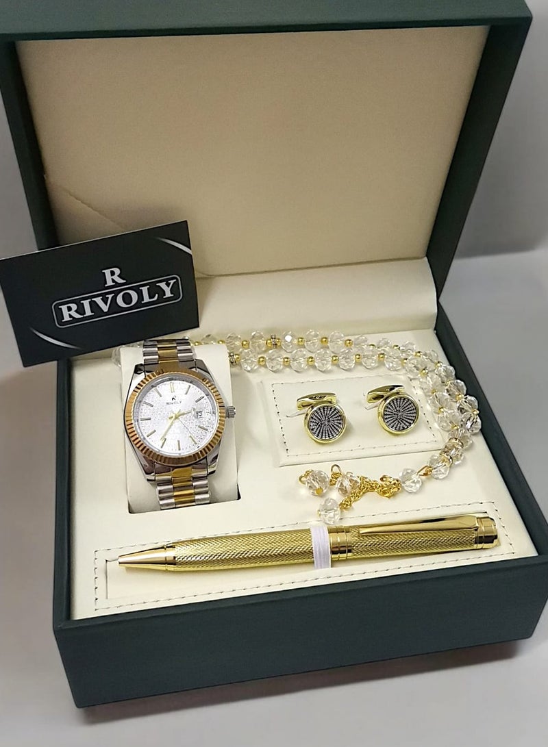 ريفولي طقم رجالي من الستانلس ستيل مكون من ساعة وسبحة وقلم وازرار اكمام القمصان - Image 4