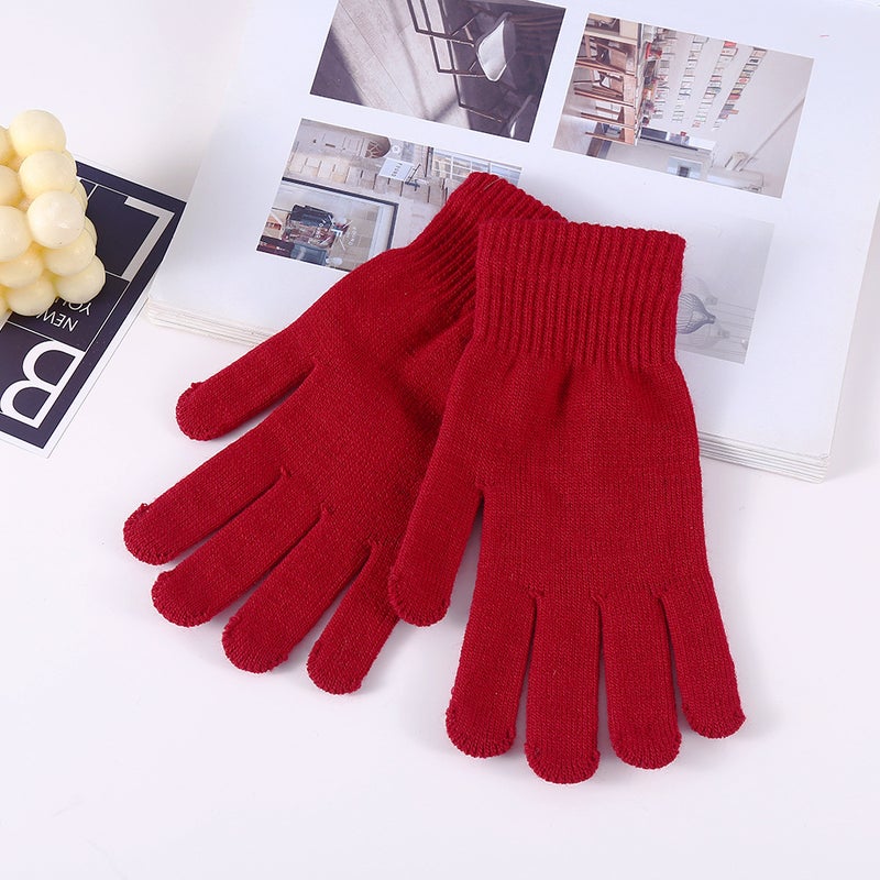 Winter Knit Gloves Elastic Warm Solid Full FingerAcrylic brushed five-finger gloves [bordeaux]] Acrylic brushed five-finger gloves [bordeaux]] 
