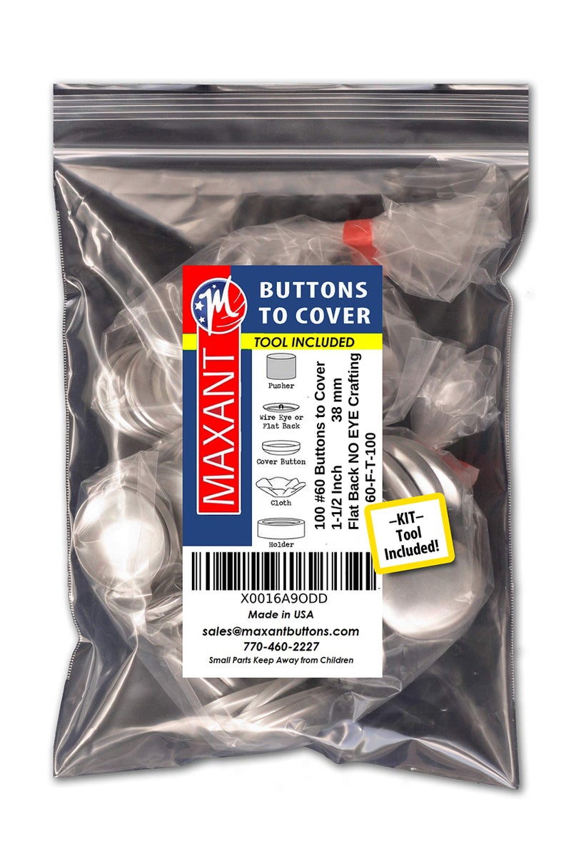 M MAXANT 100 Buttons to Cover  Made in USA  Self Cover Buttons with Flat Backs  Size 60 with Tool 