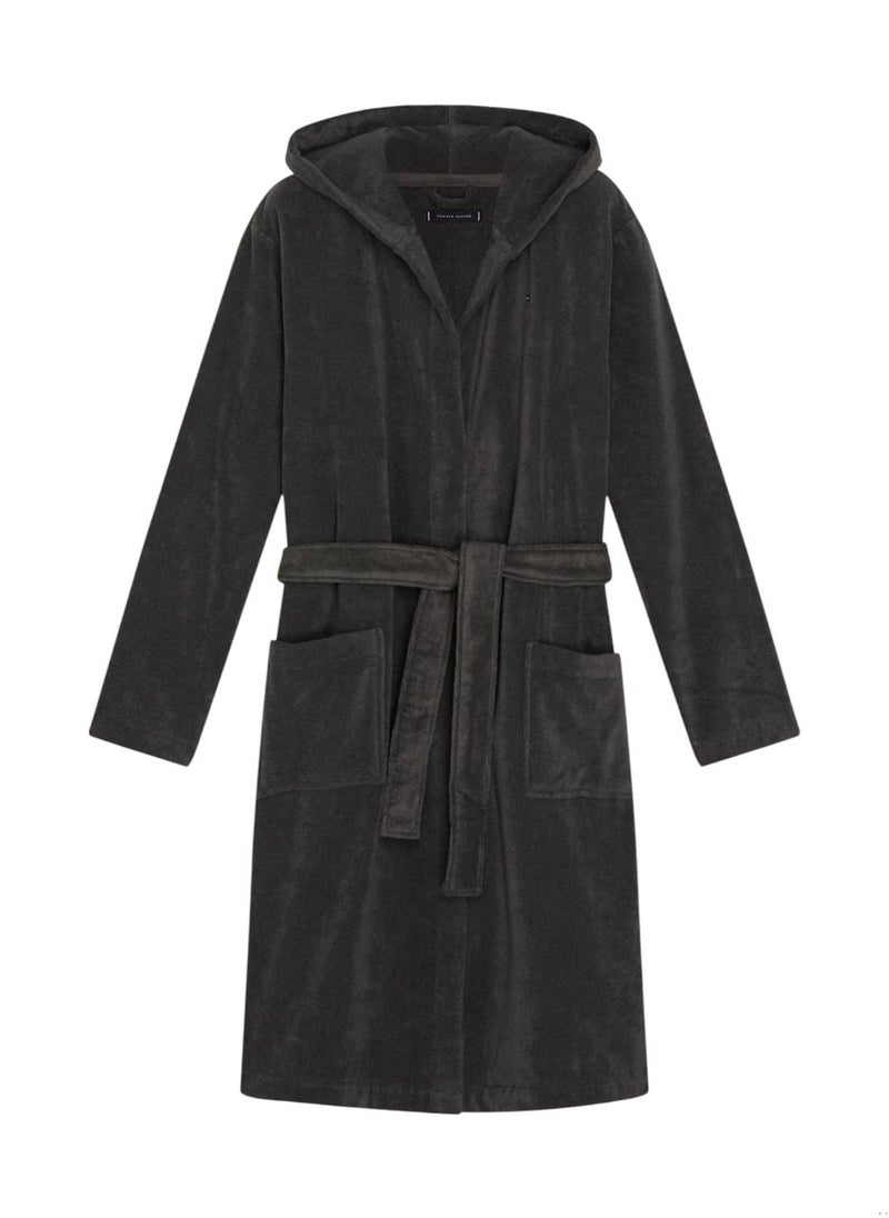 TOMMY HILFIGER Men's Pure Cotton Hooded Bathrobe - Cotton, Grey 
