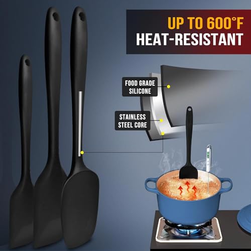Ramkuwar Silicone Spatula Set Non-Stick Kitchen Utensils for Cooking, Baking, Mixing & Scraping - 3 Piece (Black) - Image 4