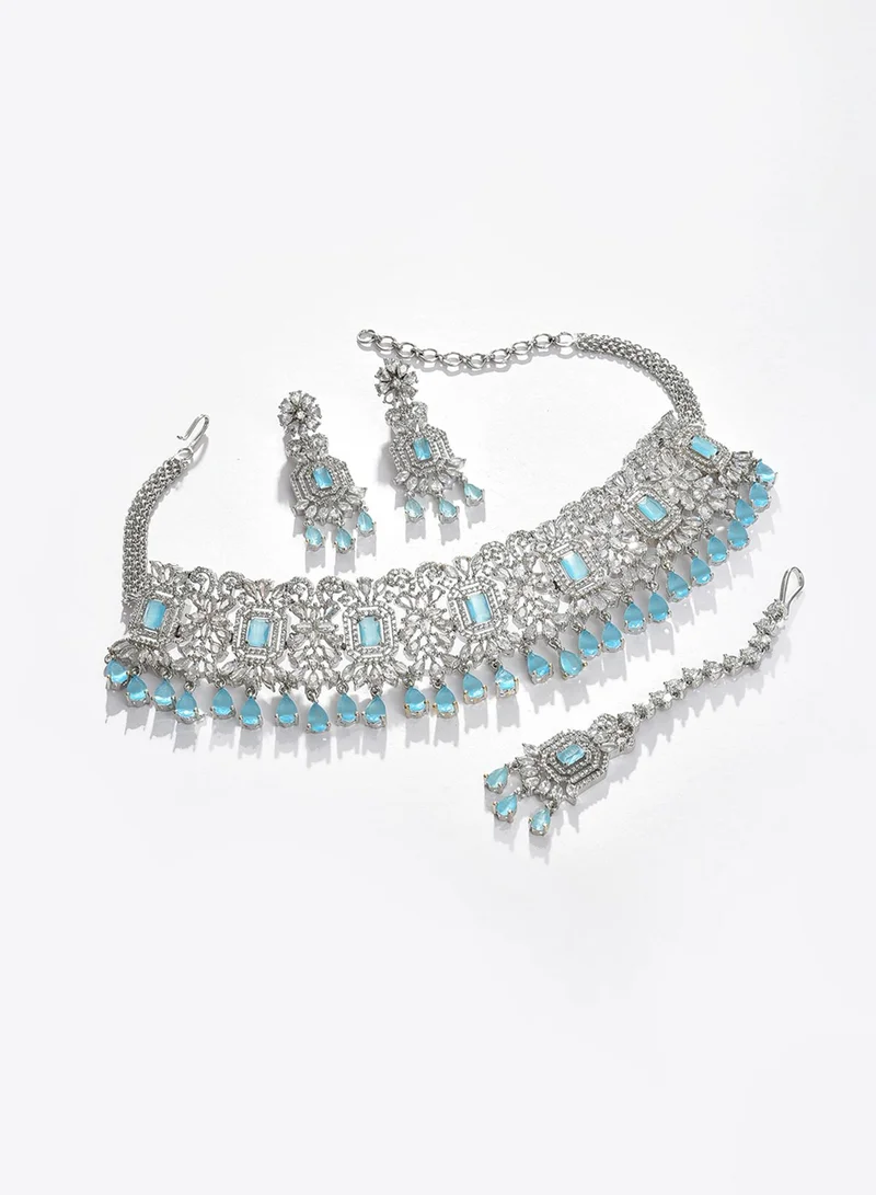 سوهي طقم مجوهرات مكون من قلادة وأقراط من الحجر المطلي بالفضة ومجموعة مجوهرات ماانج تيكا