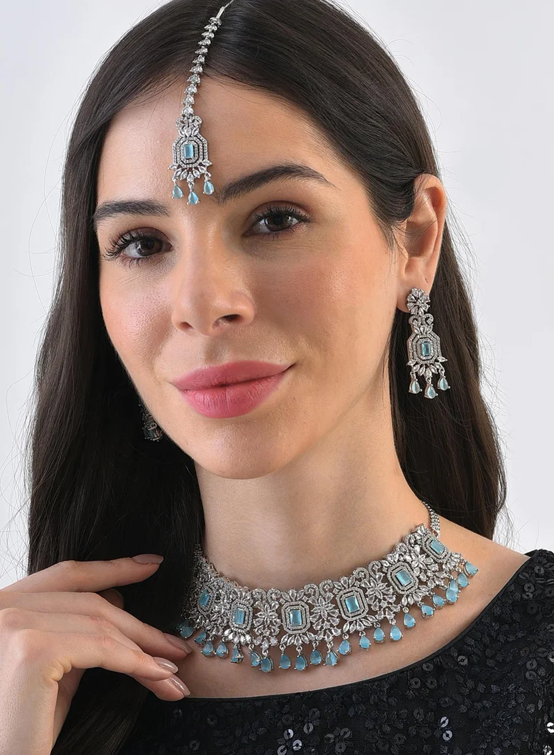 سوهي طقم مجوهرات مكون من قلادة وأقراط من الحجر المطلي بالفضة ومجموعة مجوهرات ماانج تيكا