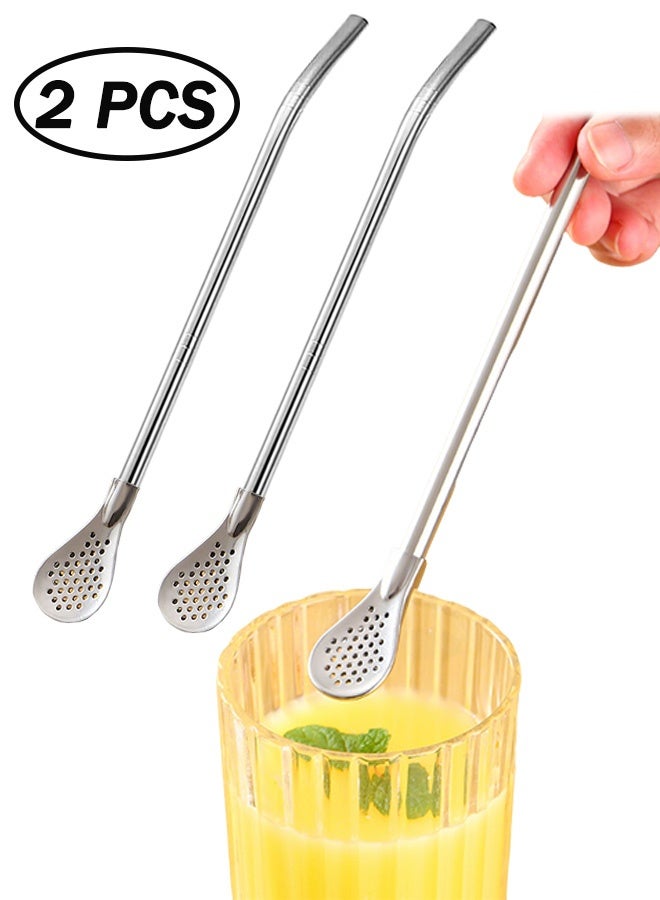 2 Pieces Stainless Steel Drinking Straws with Filter Spoon Reusable Metal Tea Straws 15CM  - Image 1