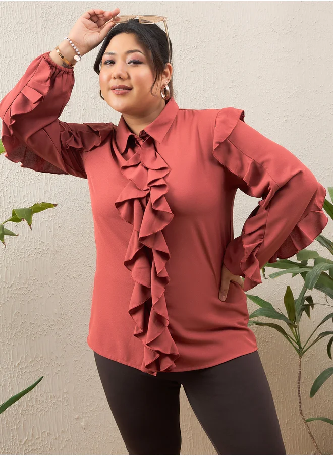 ساسافراس Plus Size Rust Solid Ruffled Long Sleeve Regular Fit Shirt