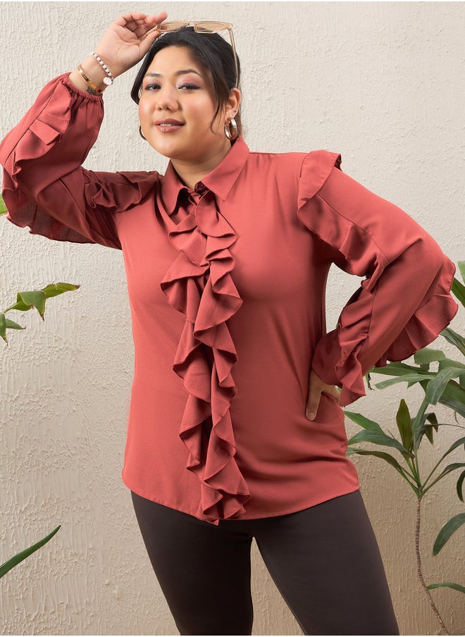 SASSAFRAS Plus Size Rust Solid Ruffled Long Sleeve Regular Fit Shirt  - Image 1