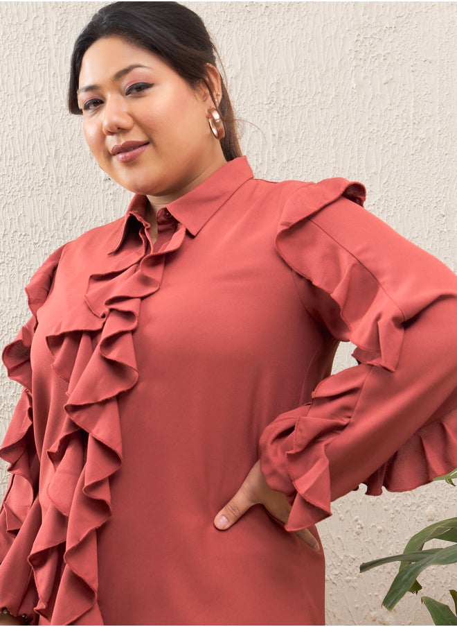 SASSAFRAS Plus Size Rust Solid Ruffled Long Sleeve Regular Fit Shirt  - Image 4