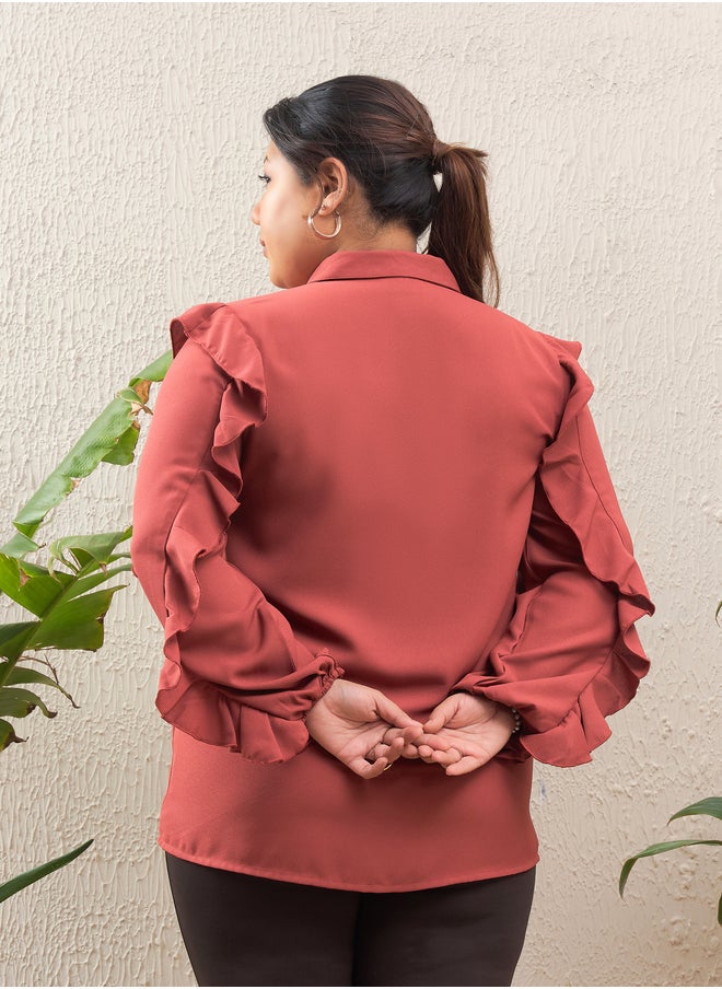SASSAFRAS Plus Size Rust Solid Ruffled Long Sleeve Regular Fit Shirt  - Image 5