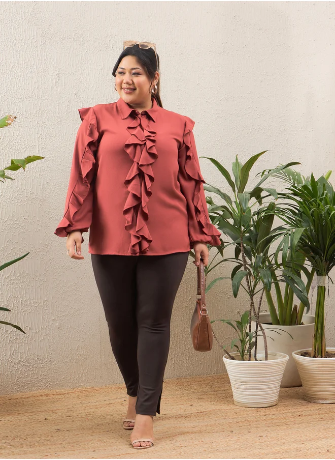 ساسافراس Plus Size Rust Solid Ruffled Long Sleeve Regular Fit Shirt