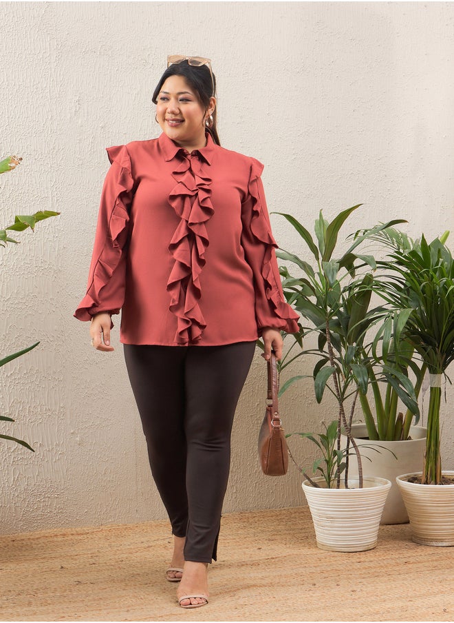 SASSAFRAS Plus Size Rust Solid Ruffled Long Sleeve Regular Fit Shirt  - Image 2